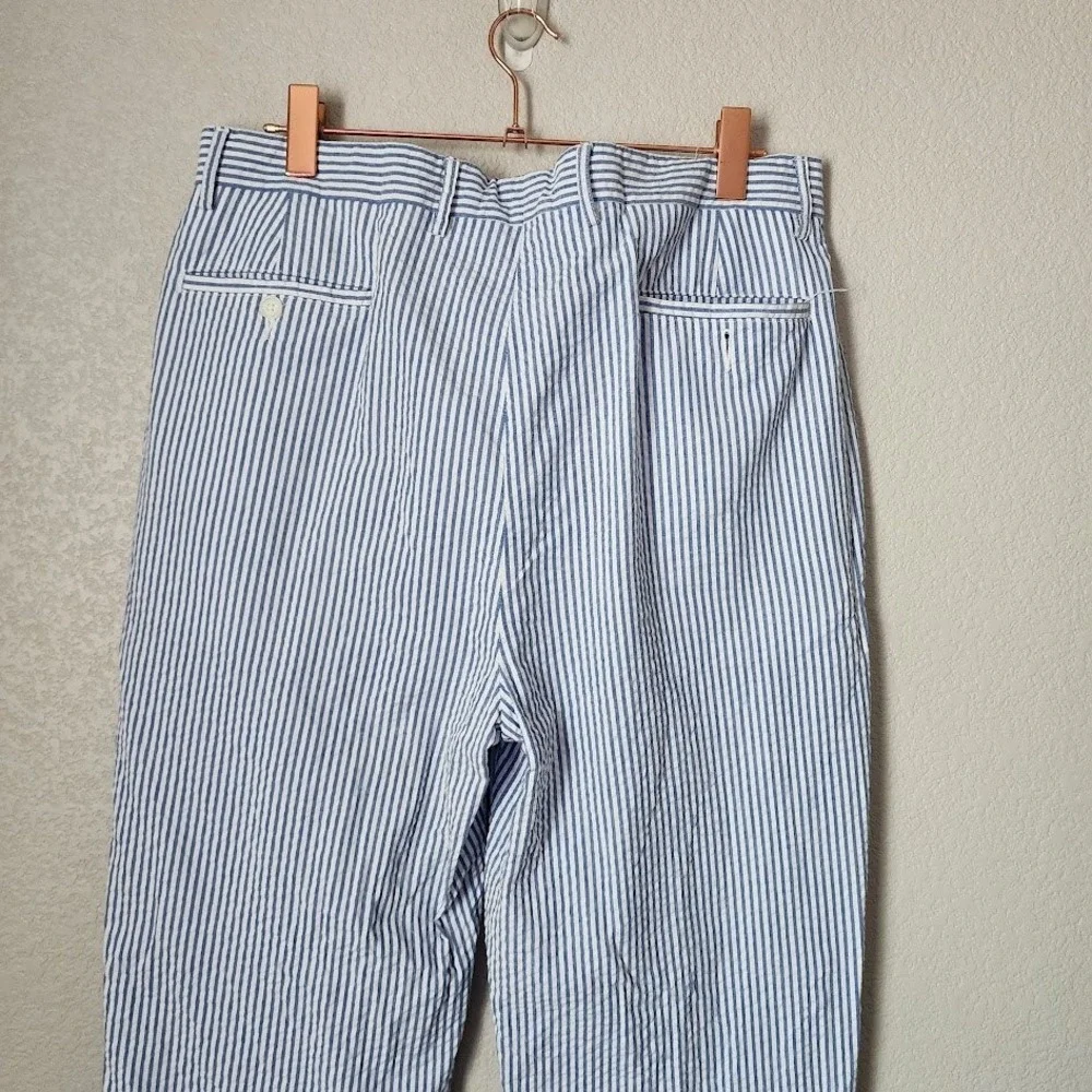 GARRET SCOTT Pleated Cuffed Seersucker pants Nautical preppy blue white‎ 36R